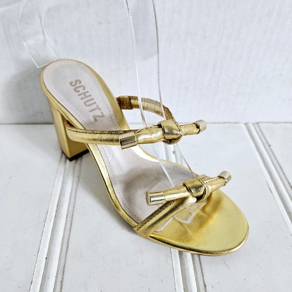 Schutz Gold Metallic Block Heel Sandals Womens 5.5 Tie Strap Summer Party Shoes - Picture 1 of 14
